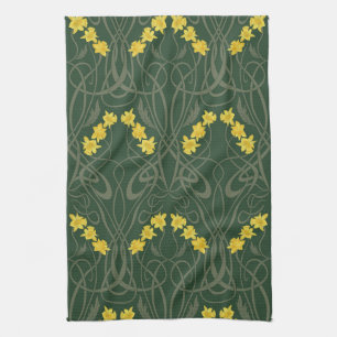 Art Nouveau Gelbe Narzissen und Stiele Grün Geschirrtuch