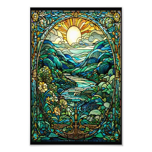 Art Nouveau gestresstes Glas Sonnenaufgang Landsch Fotodruck (Vorne)