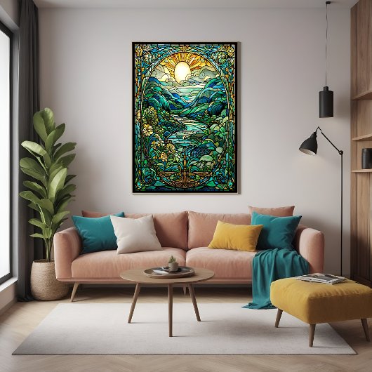 Art Nouveau gestresstes Glas Sonnenaufgang Landsch Poster