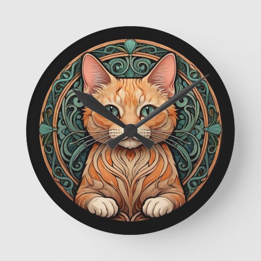Art Nouveau Ginger Cat Runde Wanduhr (Vorderseite)