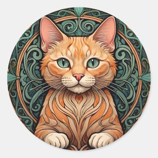 Art Nouveau Ginger Cat Runder Aufkleber (Vorderseite)