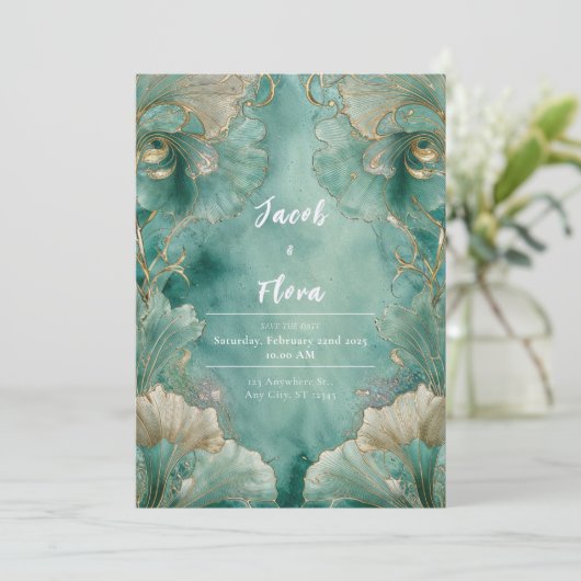 Art Nouveau Ginkgo Leaf Hochzeit Einladung (Stehend Vorderseite)