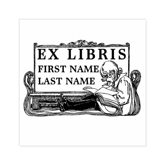 Art Nouveau Girl Reading Book Ex Libris Template Gummistempel (Prägung)