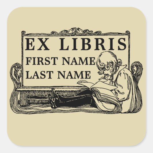 Art Nouveau Girl Reading Book Ex Libris Template Quadratischer Aufkleber (Vorderseite)