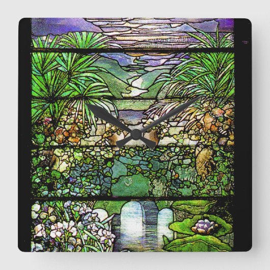 Art Nouveau Glass Tiffany Natur Quadratische Wanduhr (Vorderseite)
