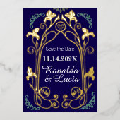 Art Nouveau Gold Blue Botanic Save the Date Folieneinladung (Vorderseite)