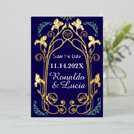 Art Nouveau Gold Blue Botanic Save the Date Folieneinladung