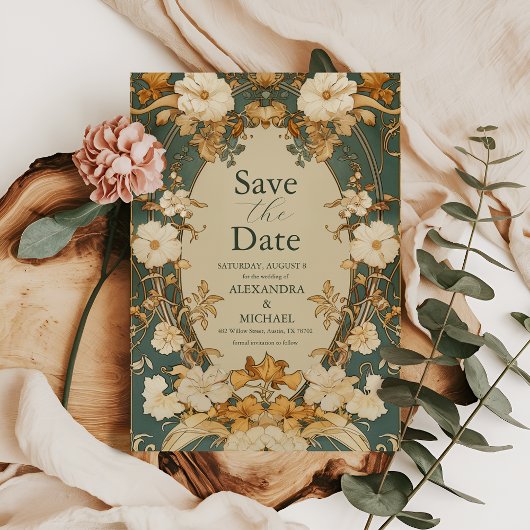 Art Nouveau Gold Botanische Botanische Hochzeit Save The Date