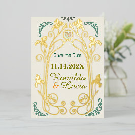 Art Nouveau Gold Green Botanic Save the Date Folieneinladung