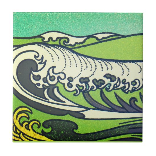 Art Nouveau Green Sea Waves 1 Fliese (Vorderseite)