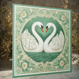 Art Nouveau Green Swan Couple Lake Floral Motifs  Fliese