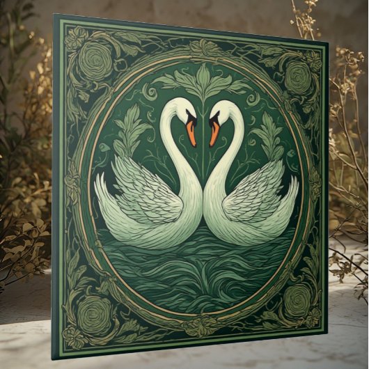 Art Nouveau Green Swan Lover Couples Ethereal Lake Fliese