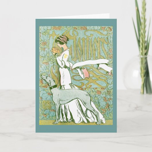 Art Nouveau Greyhound and Lady mit Blume Karte (Vorderseite)