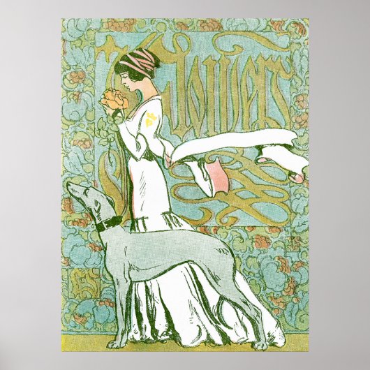 Art Nouveau Greyhound and Lady mit Blume Poster (Vorne)