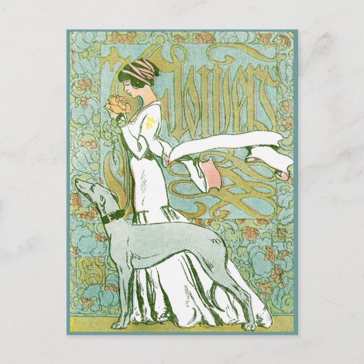 Art Nouveau Greyhound and Lady mit Blume Postkarte (Vorderseite)