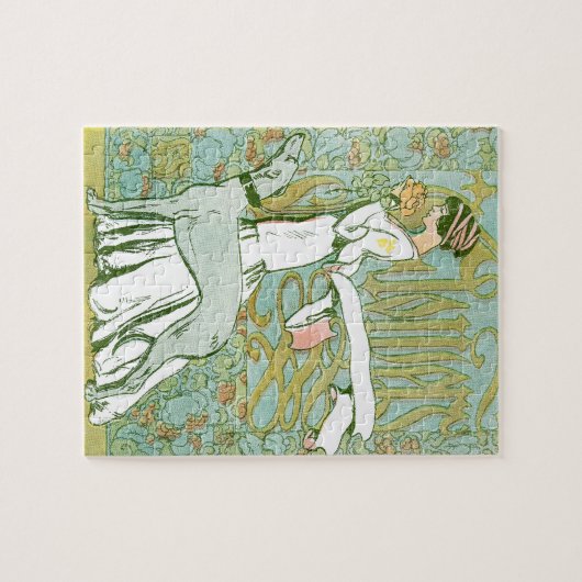 Art Nouveau Greyhound and Lady mit Blume Puzzle (Horizontal)