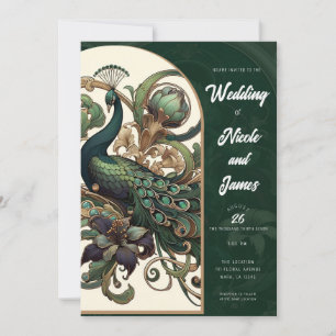 Art Nouveau Grün Smaragd Vintage Pfau Hochzeit Einladung