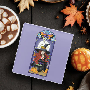 Art Nouveau Herbst-Hexe Kürbisse Lila Mond Glasuntersetzer