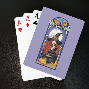 Art Nouveau Herbst-Hexe Kürbisse Lila Mond Spielkarten