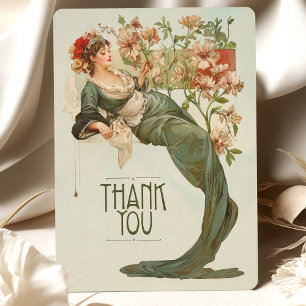 Art Nouveau Hochzeit Danksagungskarte Grüne Flora Einladung