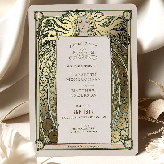Art Nouveau Hochzeit Einladung Gold Green von Much