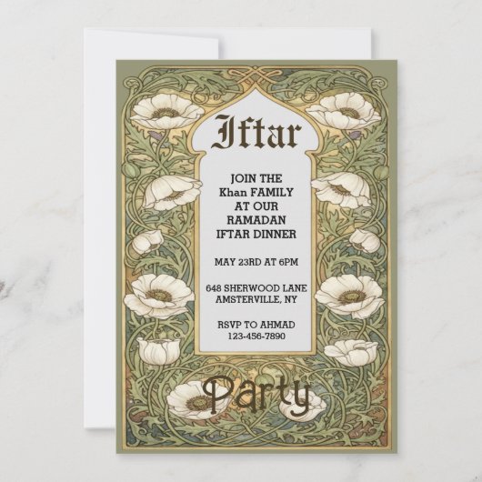 Art Nouveau Iftar Poppy Flower Invitation Einladung (Vorderseite)