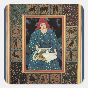Art Nouveau im Vintage-Stil, Frau liest Astrologie Quadratischer Aufkleber