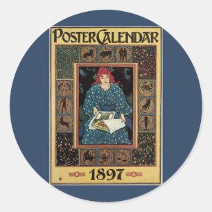 Art Nouveau im Vintage-Stil, Frau liest Astrologie Runder Aufkleber
