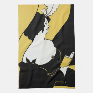 Art Nouveau im Vintage-Stil, Frau liest ein gelbes Geschirrtuch