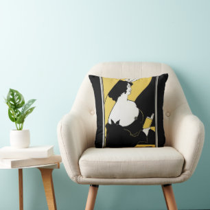 Art Nouveau im Vintage-Stil, Frau liest ein gelbes Kissen