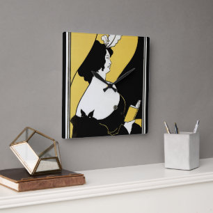 Art Nouveau im Vintage-Stil, Frau liest ein gelbes Quadratische Wanduhr