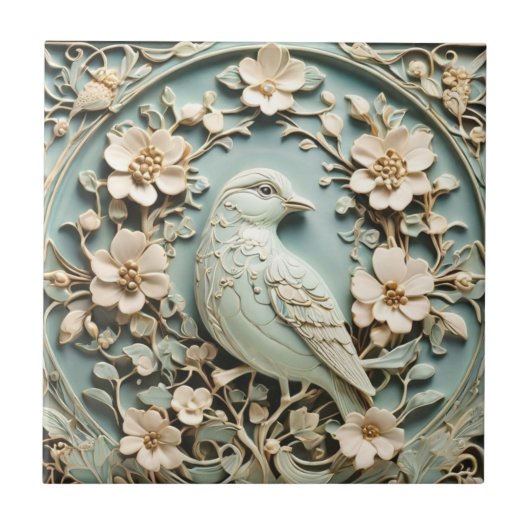 Art Nouveau Imitats Relief Bird & Spring Blumen Mi Fliese (Vorderseite)