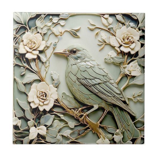 Art Nouveau Imitats Relief Blackbird Bird Pastell  Fliese (Vorderseite)