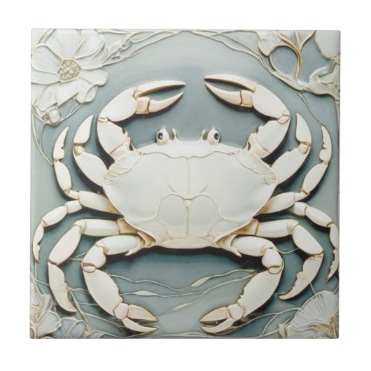 Art Nouveau Imitats Relief Dusty Blue Ocean Crab Fliese (Vorderseite)
