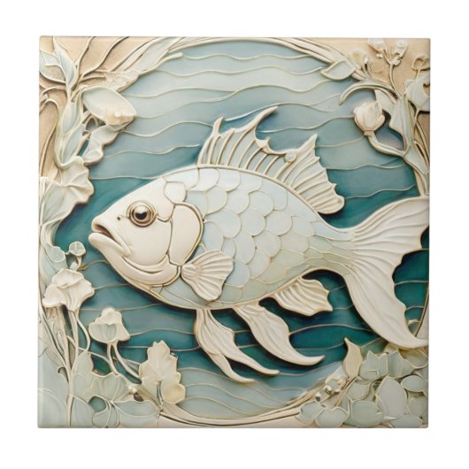 Art Nouveau Imitats Relief Fischen Meer Schönheit Fliese (Vorderseite)
