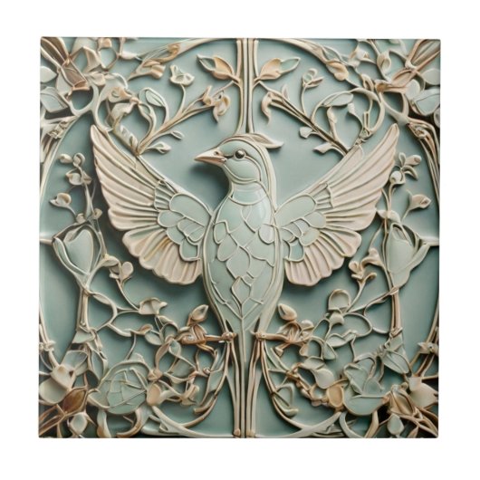 Art Nouveau Imitats Relief Links Bird Pastel Minze Fliese (Vorderseite)