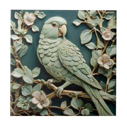 Art Nouveau Imitats Relief R Parakeet Bird Aquamar Fliese (Vorderseite)