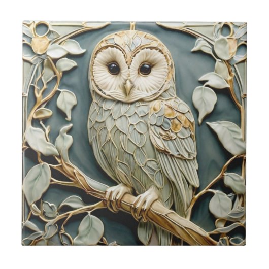 Art Nouveau Imitats Relief Tawny Owl Woodland Bird Fliese (Vorderseite)