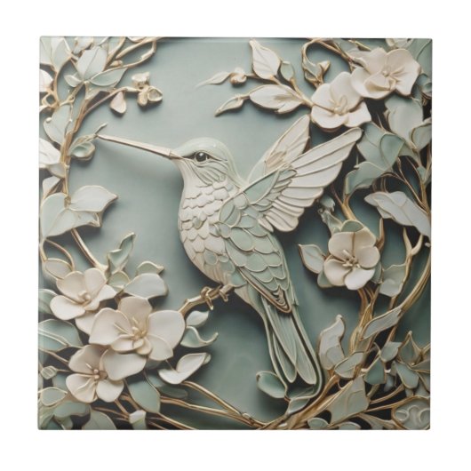 Art Nouveau Imitats Relief Verlassen Hummingbird B Fliese (Vorderseite)