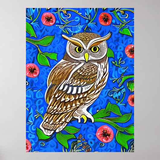 Art Nouveau Inspiriert Owl, Braun auf Cobalt Blue Poster (Vorne)