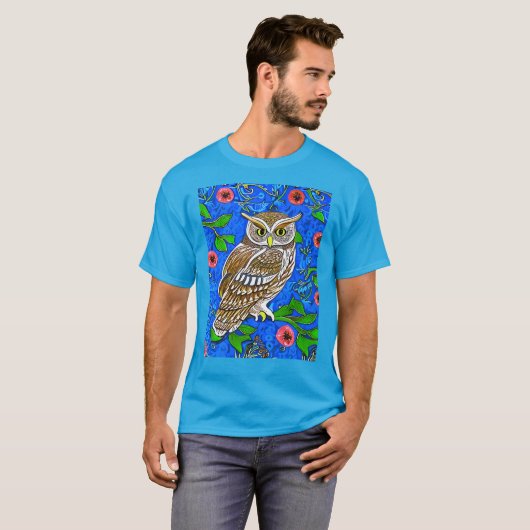 Art Nouveau Inspiriert Owl, Braun auf Cobalt Blue T-Shirt (Vorne ganz)