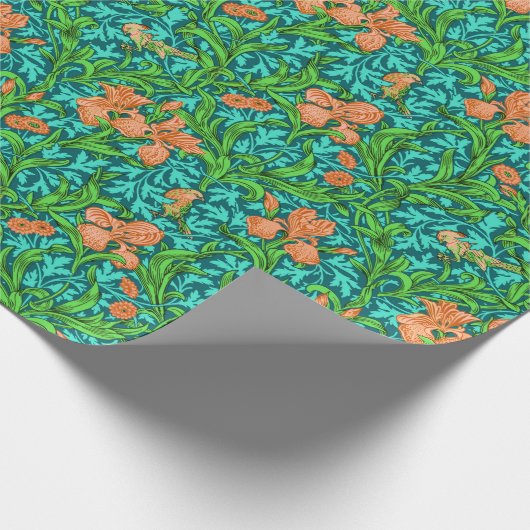 Art Nouveau Iris Print, Orange und Türkis Geschenkpapier (Ecke)