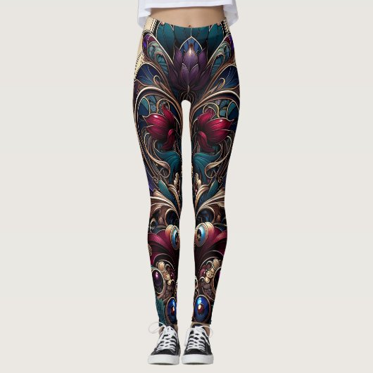Art Nouveau Jewel Tone Vintag Glam Leggings (Vorderseite)