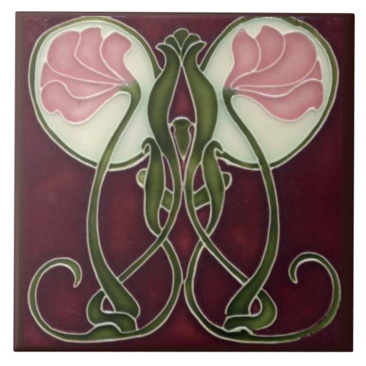Art Nouveau Keepake Tile - Pink Blume Heads Fliese (Vorderseite)