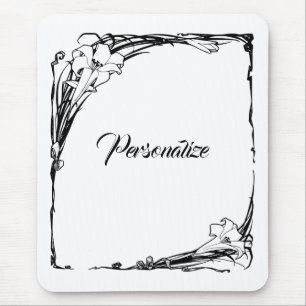 Art nouveau Lilienblume elegante schwarz-weiße Flo Mousepad