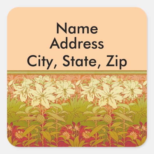 Art Nouveau Lilies Address Labels Quadratischer Aufkleber (Vorderseite)