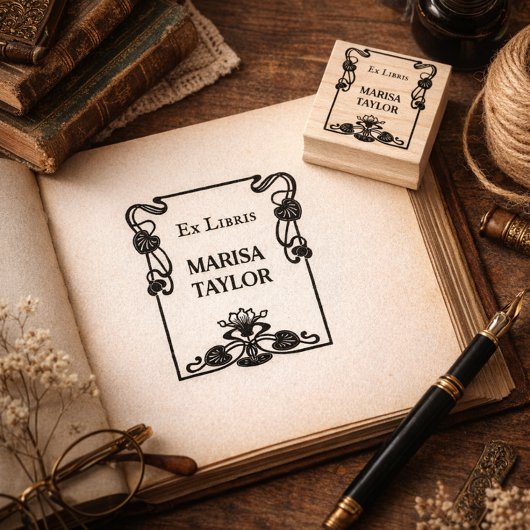 Art nouveau lily frame ex libris gummistempel
