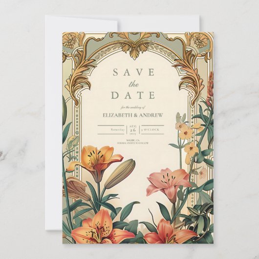 Art Nouveau Lily Wedding - Blumenrahmen Design Save The Date (Vorderseite)