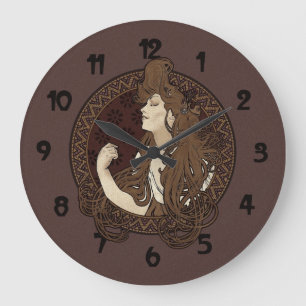 Art Nouveau Long Dark Haired Woman Große Wanduhr