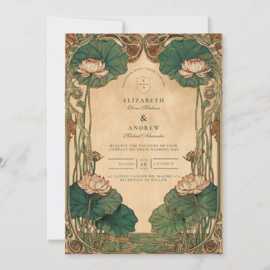 Art Nouveau Lotus Floral Wedding Einladung (Vorderseite)